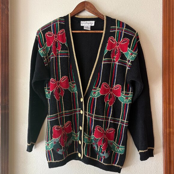 Norton McNaughton Sweaters - VTG 80s Norton McNaughton Ugly Christmas Cardigan Sweater Plaid Bows Wreaths L